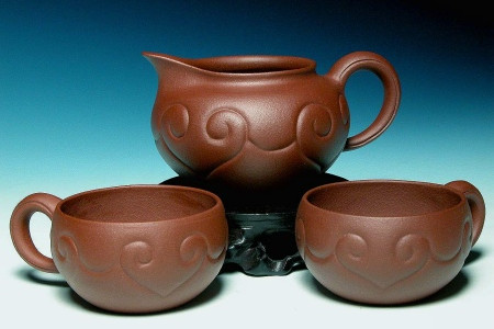 紫砂文化艺术中心样品名壶系列~仿古如意茶海茶杯三头套组.